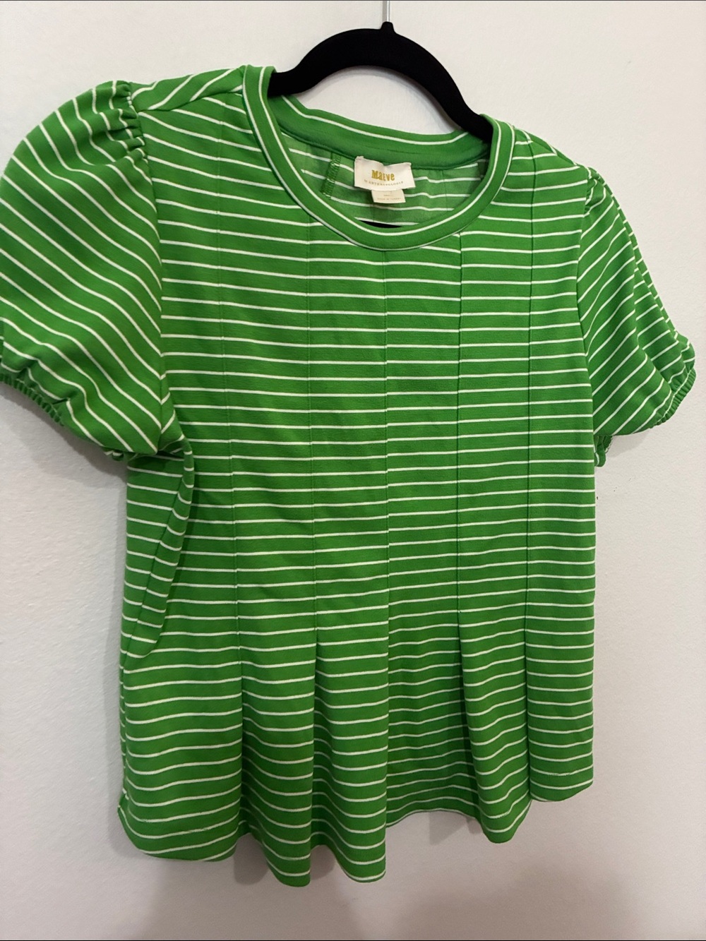 Maeve Green and White Striped Pleated Tee - Picture 6 of 9